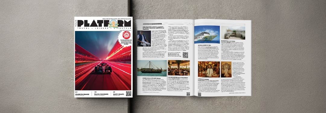 Your Platform Magazine August 2024 edition featuring a Formula 1 racing car on the cover and an interior editorial spread showcasing travel, luxury and lifestyle stories.