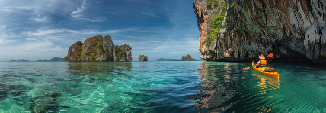 Scenic tropical lagoon with turquoise waters, towering limestone cliffs and lush green islands, ideal for adventure travel and kayaking.