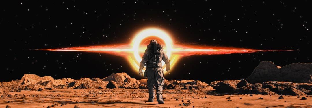 Astronaut standing on a rocky alien landscape with a glowing black hole and bright accretion disk in the star-filled sky.