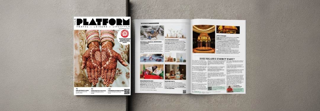 Your Platform January 2023 magazine edition featuring traditional bridal mehndi designs on the cover and inside editorial spreads about wellness, lifestyle, and negative energy.