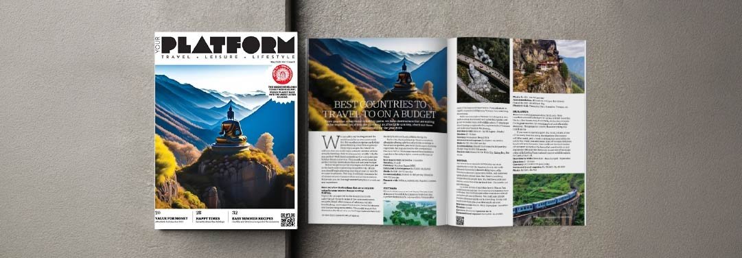 Your Platform May 2023 magazine edition featuring a Buddha statue overlooking scenic mountains and an inside travel feature titled Best Countries to Travel to on a Budget.