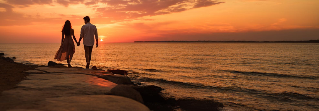 Romantic couple holding hands and walking along a rocky seaside shore at sunset, with golden-orange skies and ocean views.