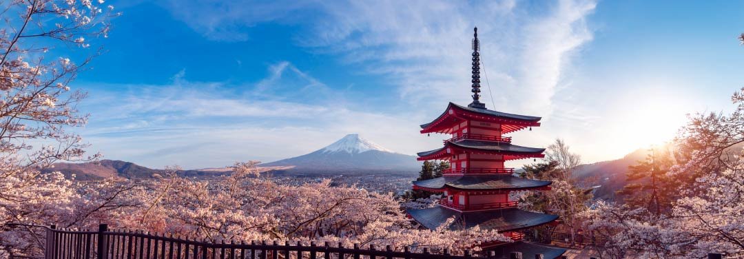 Chureito Pagoda in Japan surrounded by pink cherry blossoms, with snow-capped Mount Fuji in the background beneath a blue sky.