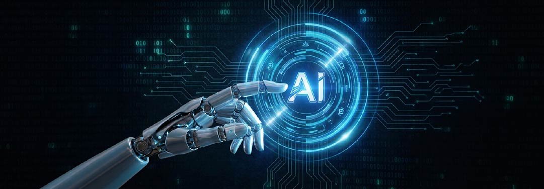Robotic hand touching a glowing AI digital interface surrounded by futuristic circuit patterns, representing artificial intelligence and advanced technology.