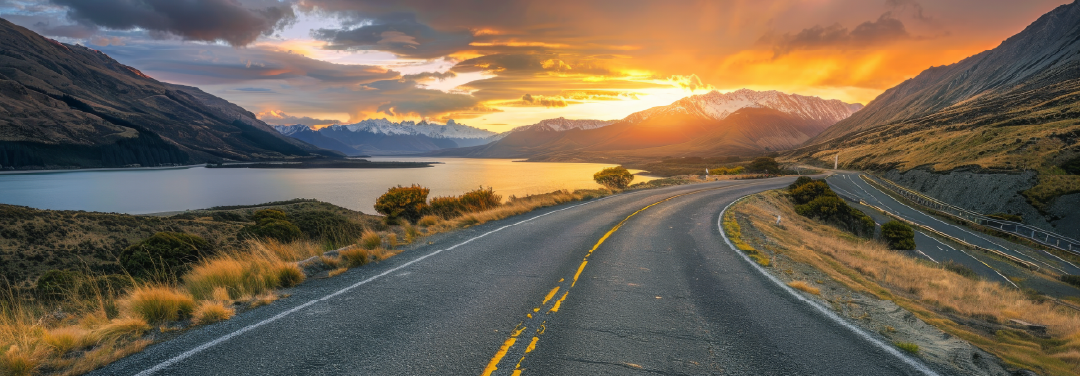 Scenic winding road through a mountain valley at sunset, surrounded by green hills and dramatic clouds, ideal for a long road trip.