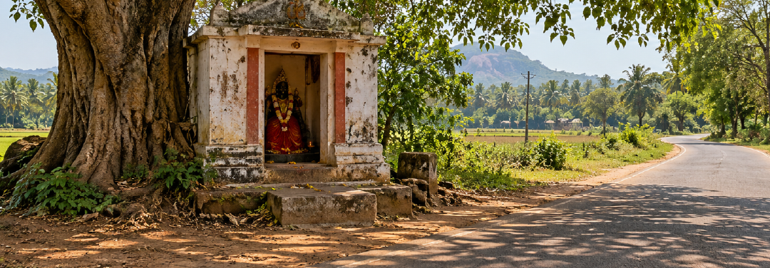 Small roadside Hindu shrine beneath a large tree beside a quiet village road in South India, surrounded by lush greenery.