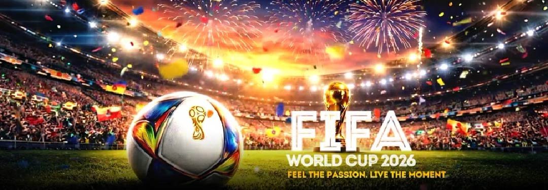 FIFA World Cup 2026 promotional illustration featuring a football, World Cup trophy, packed stadium, fireworks and colourful confetti.